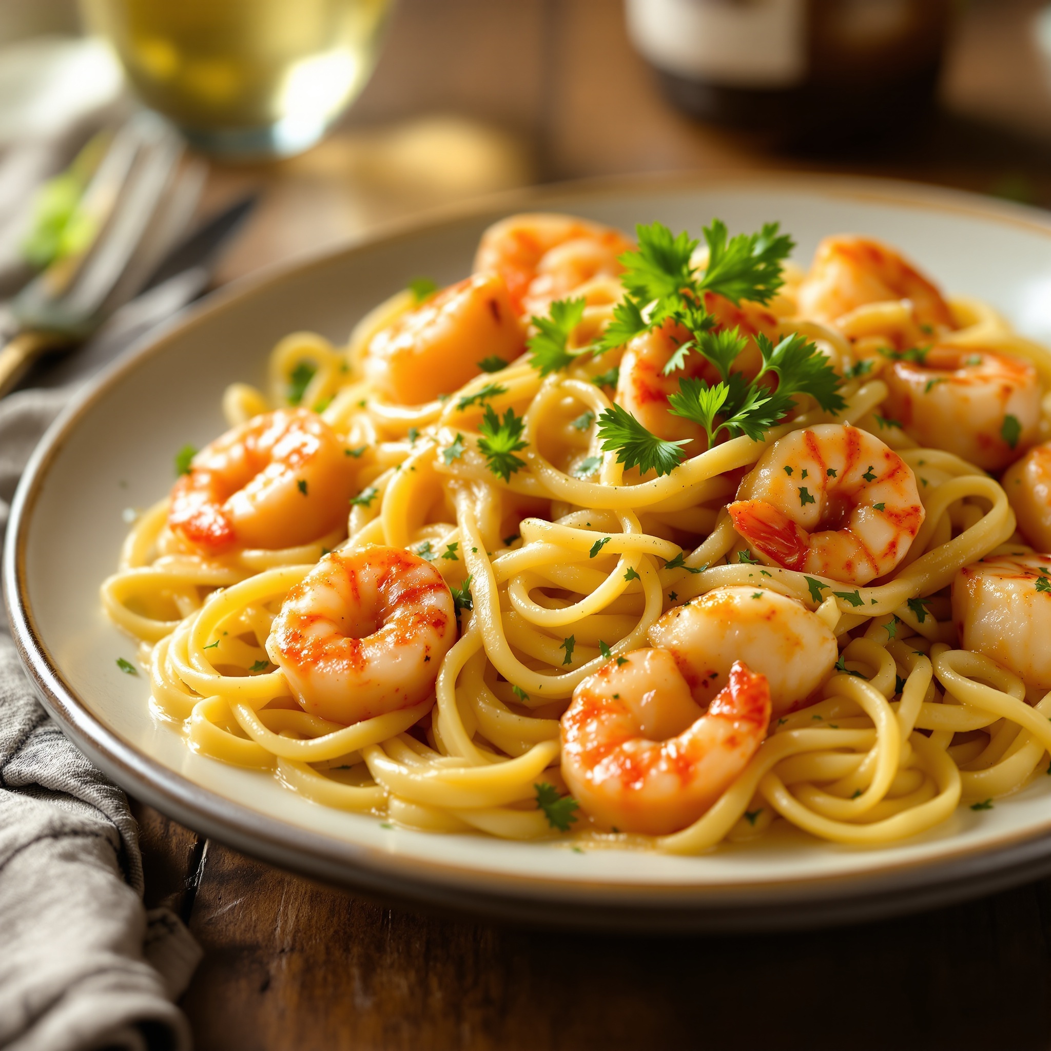 Creamy Seafood Pasta Recipe Creamy seafood pasta with shrimp and scallops, garnished with parsley on a rustic table.